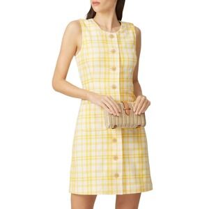 Tory Burch Mini Dress‎ Size 14 Yellow White Plaid Sleeveless Button Front Twee